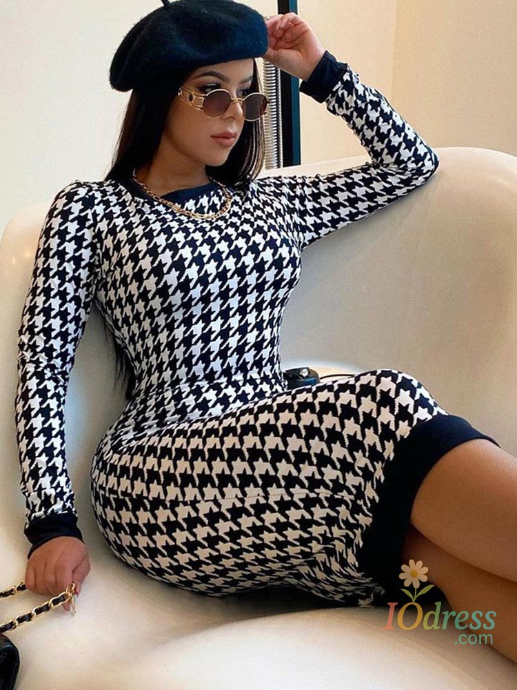 IO Dress Houndstooth Print Women Long Sleeve Midi Dress Hollow Out Bodycon Sexy Streetwear Autumn Winter Club Elegant Slim