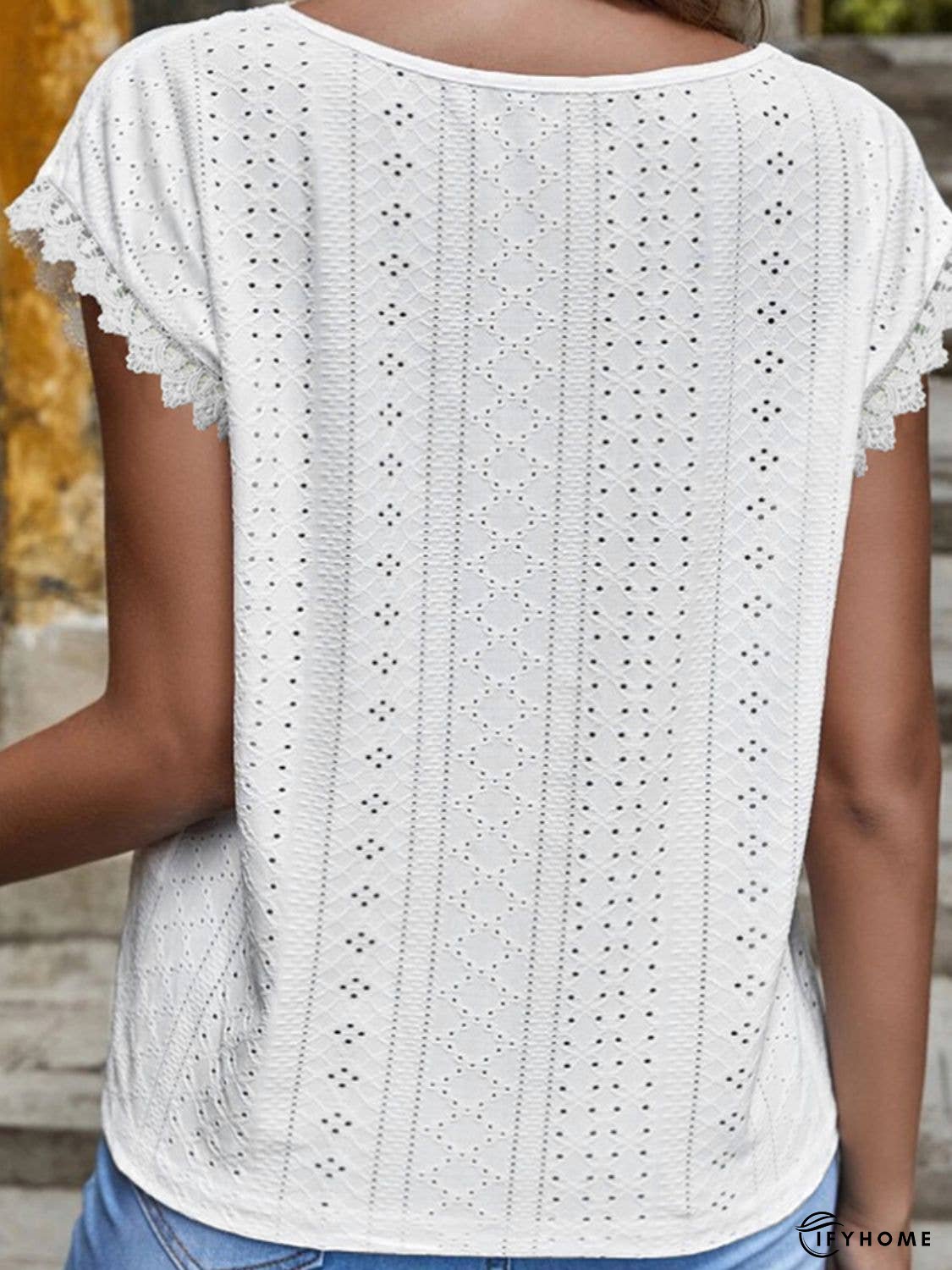 V-Neck Eyelet Short Sleeve Top | IFYHOME