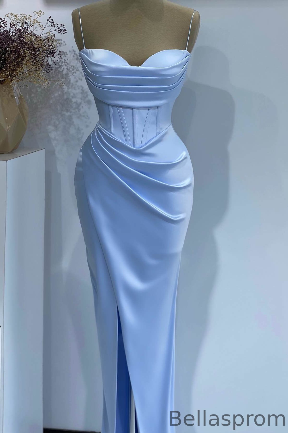 Bellasprom Sky Blue Spaghetti-Straps Sweetheart Sleeveless Mermaid Prom Dress With Split Bellasprom