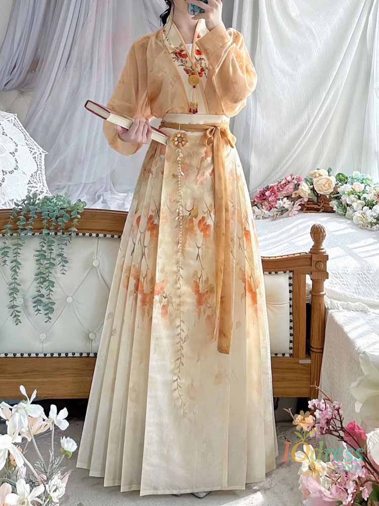 IO Dress Chinese Ancient Hanfu Women Party Outfit 2025 Summer Printed Modern Yellow Top Pleated Skirt 3pcs Sets Hanfu Sets