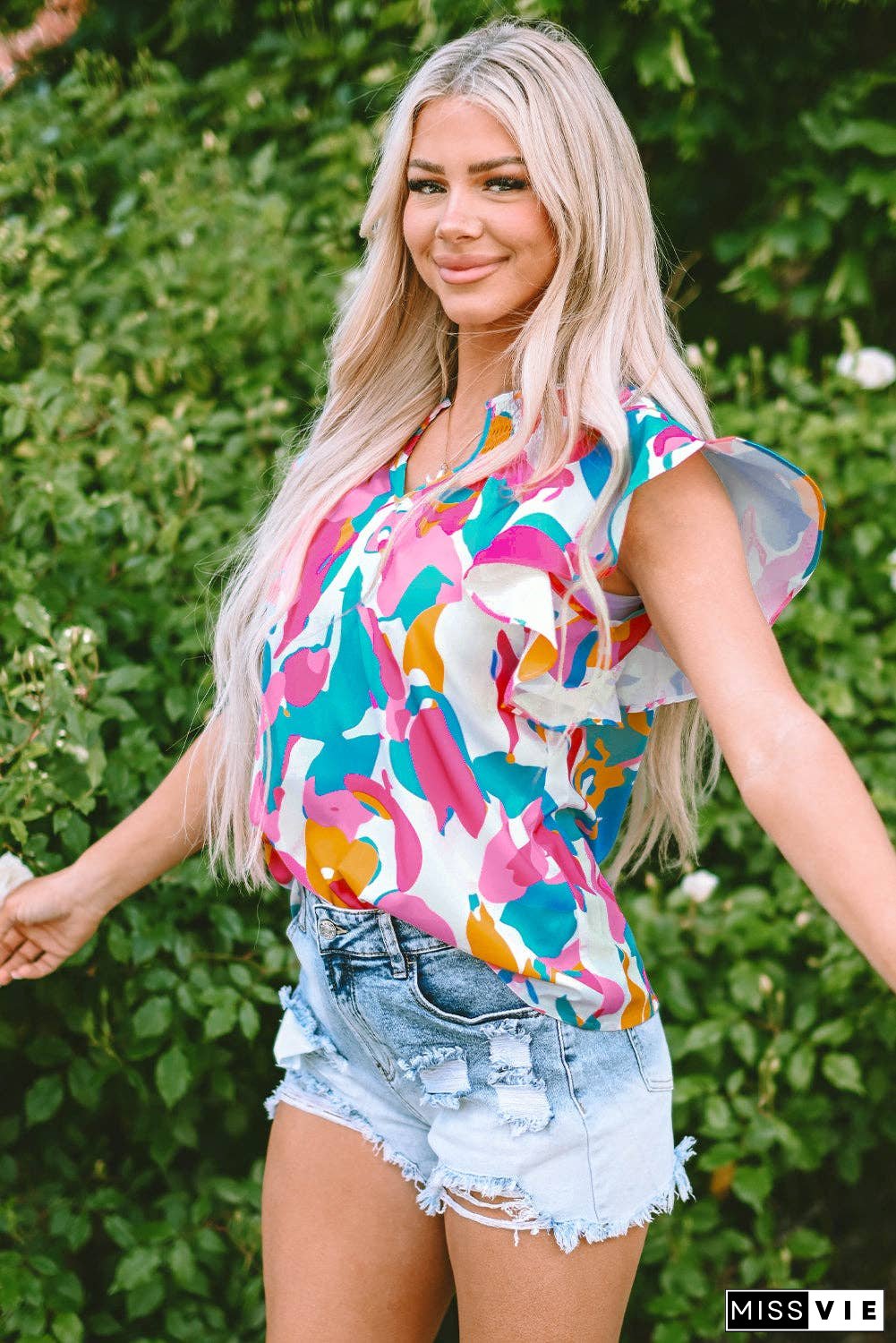 Multicolour Abstract Print Notched Neck Flutter Sleeve Blouse