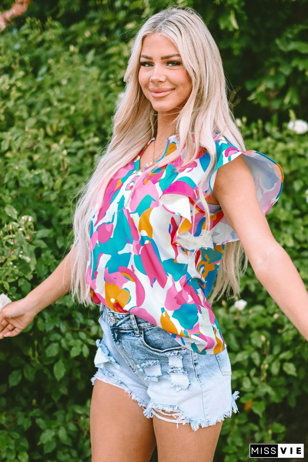 Multicolour Abstract Print Notched Neck Flutter Sleeve Blouse
