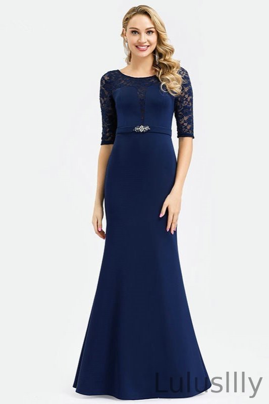 Navy Blue Half Sleeve Lace Mermaid Long Evening Gowns - lulusllly