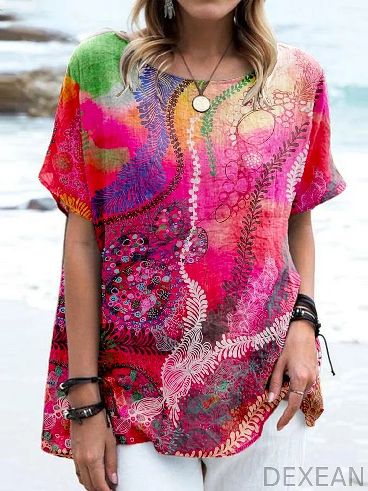 Women's Retro Elegant Colorful Flowing Line Art Cotton And Linen Tops