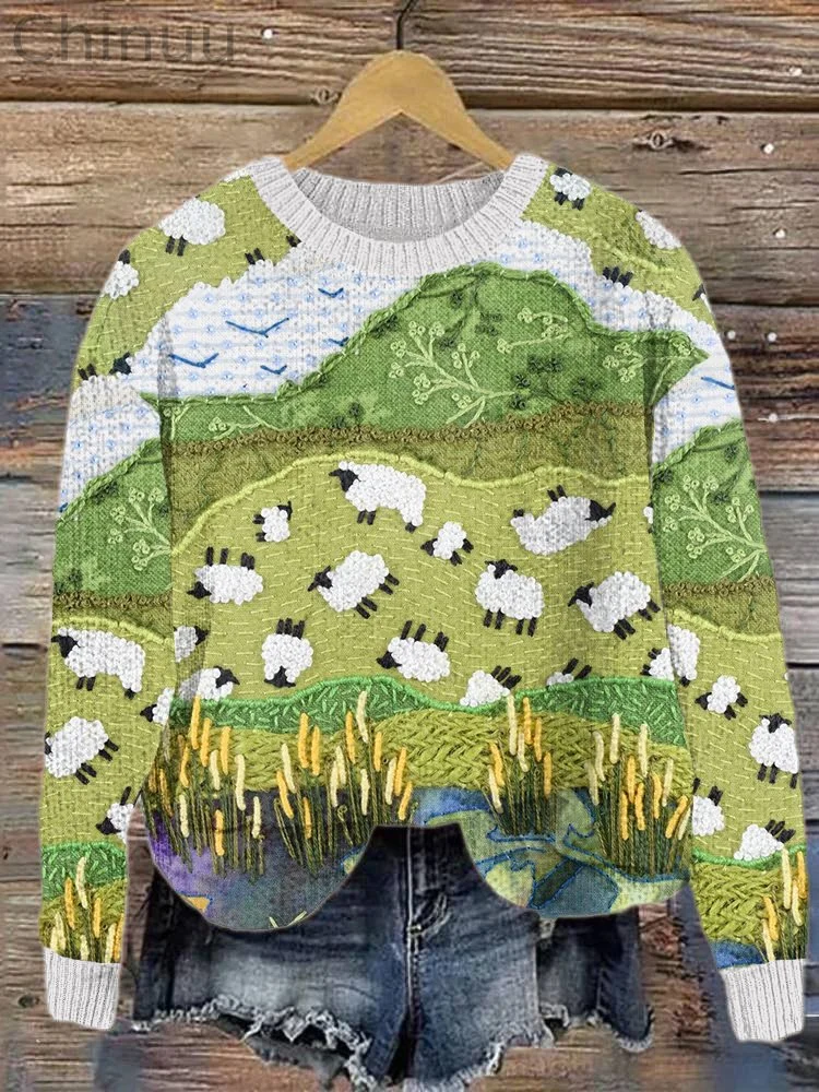 Sheep Art Painting Casual Cozy Knit Sweater