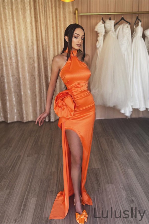 Luluslly Orange High Neck Sleeveless Prom Dress Mermaid Long With Split