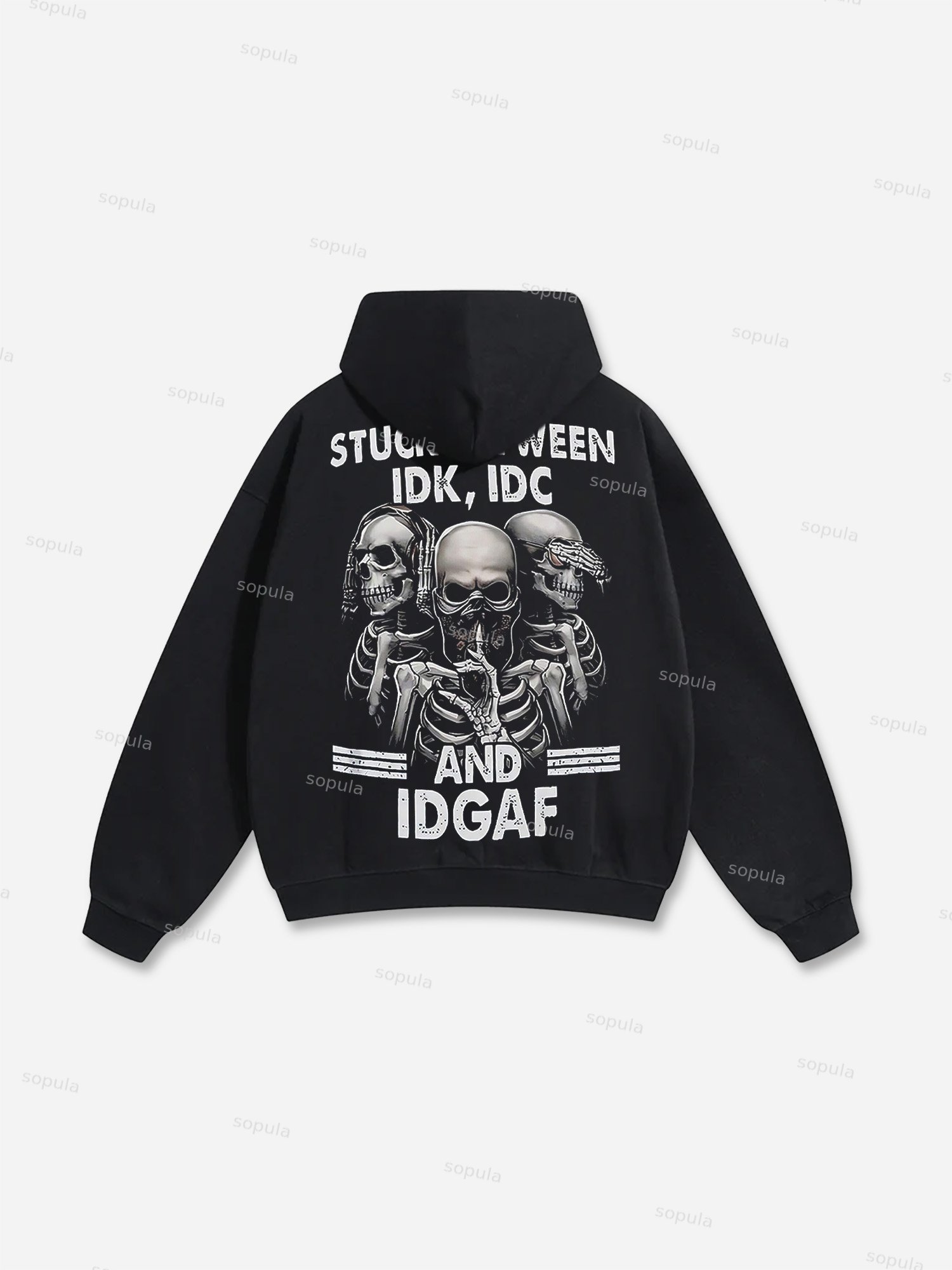 Stuck Between Idk Idc And Idgaf Graphic Black Pullover Hoodie