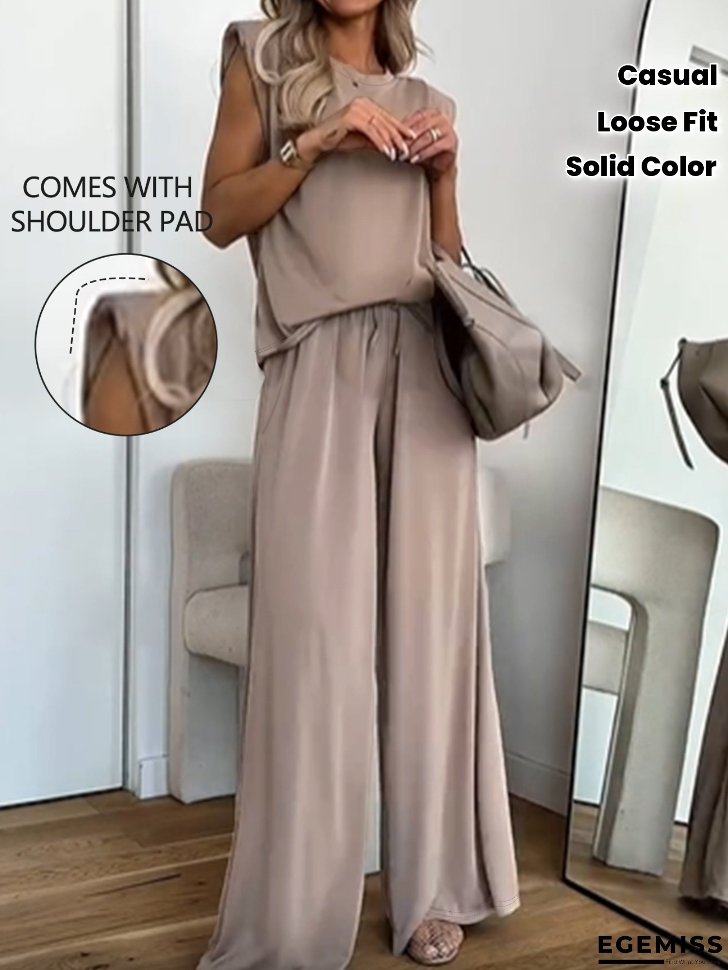 [Casual Two-Piece Outfit] Women's Casual Two-Piece Outfit: Solid Color Round Neck T-Shirt & Loose Straight-Leg Pants With Built-In Shoulder Pads - Beige, All-Season Comfort, Casual Attire | EGEMISS