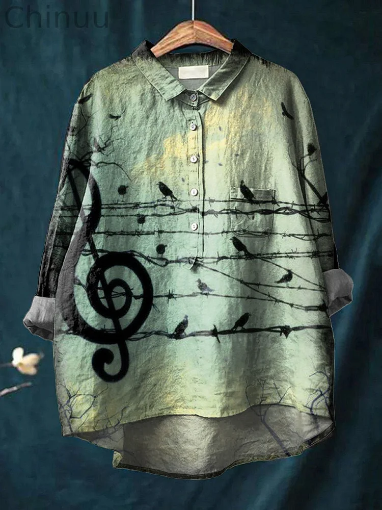 Vintage Lovely Raven Music Art Print Casual Cotton And Linen Shirt