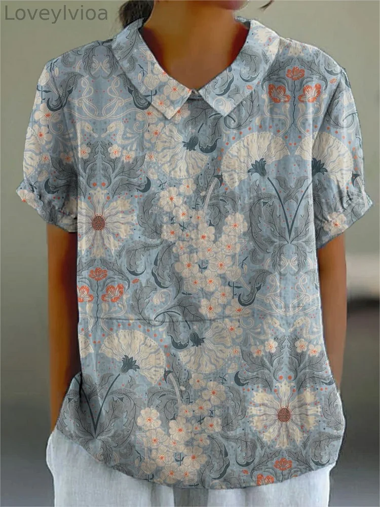 Women's Vintage Flower Print Casual Cotton And Linen Shirt