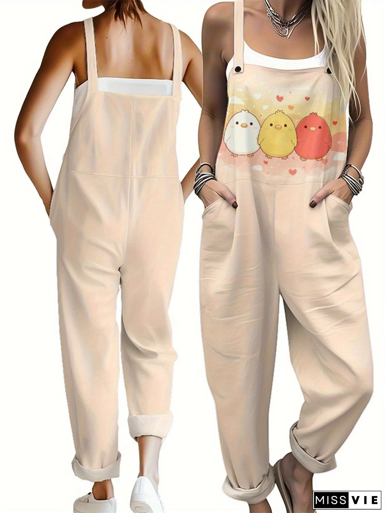 Womens Cute Chicken Print Overalls Sleeveless A-Line Romper with Back Strap Pocket