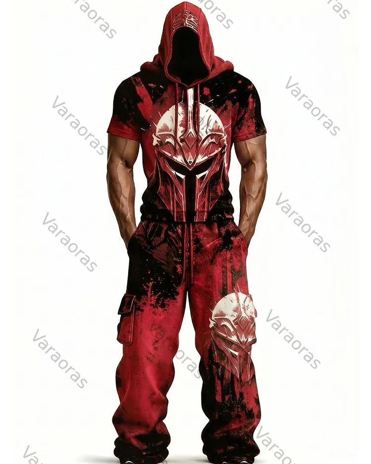 Men's Fashion Viking Contrast Color Embroidered Hoodie & Pants Two-Piece Set 9040