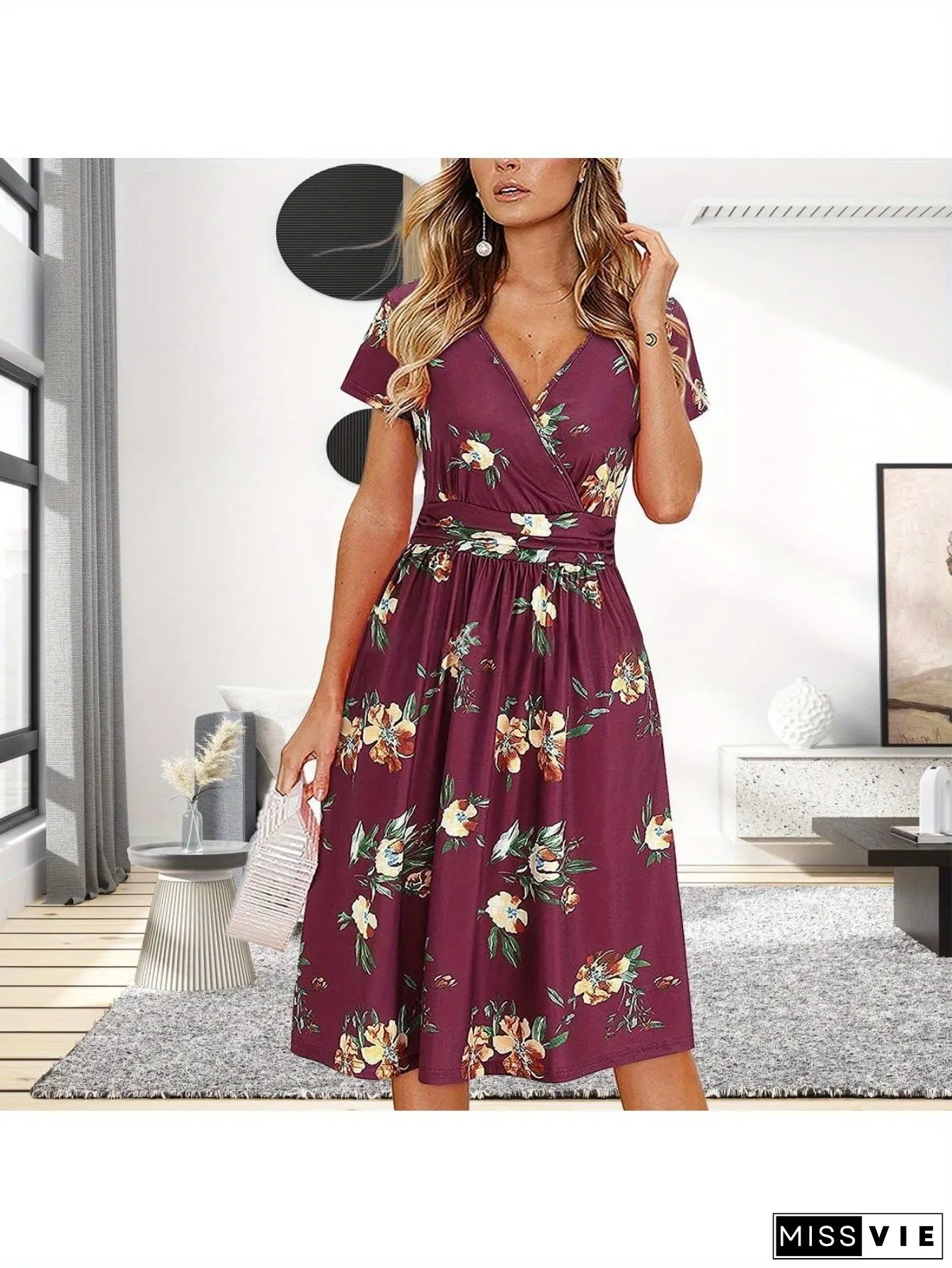 Womens Fashion Printed Deep Neck Wrap Short Sleeve Pocket Dress Temperament Elegant Mini