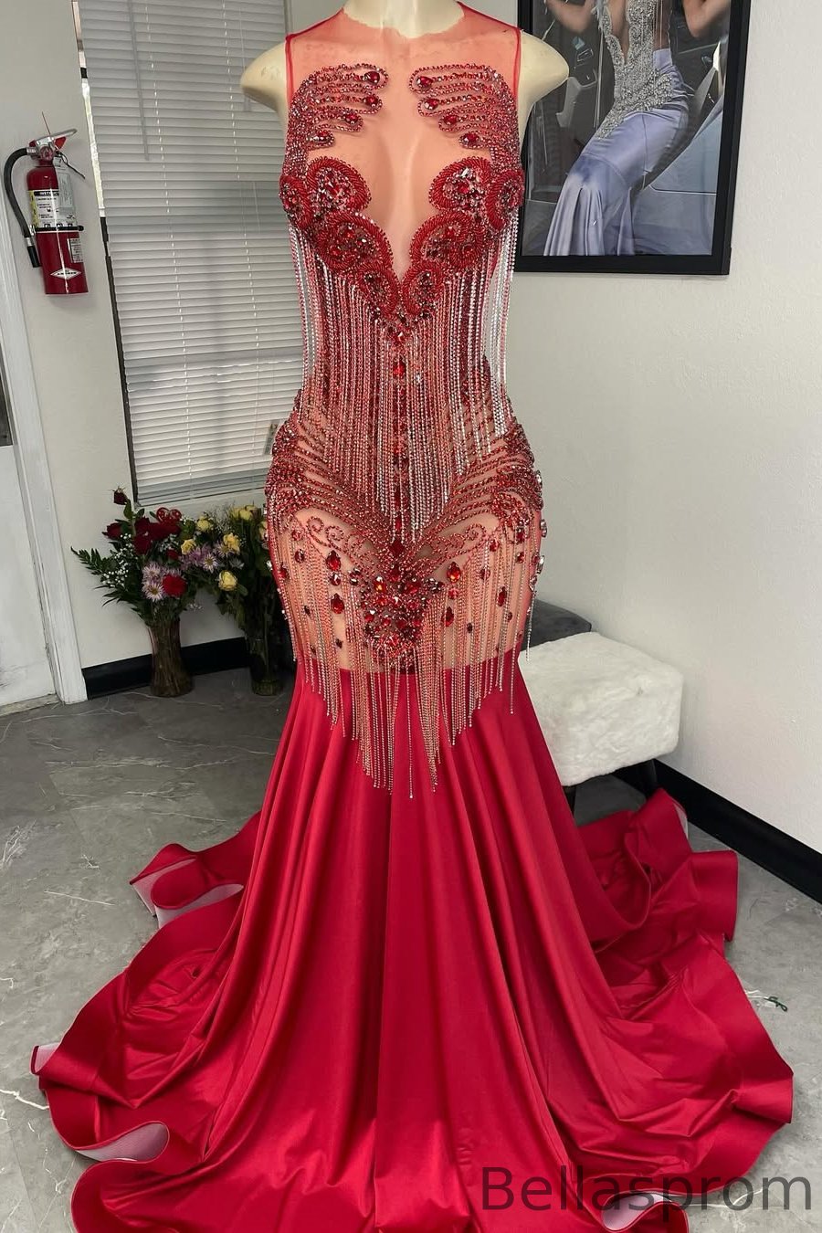 Bellasprom Red Sleeveless Prom Dress Mermaid Long With Beadings Tassels Bellasprom