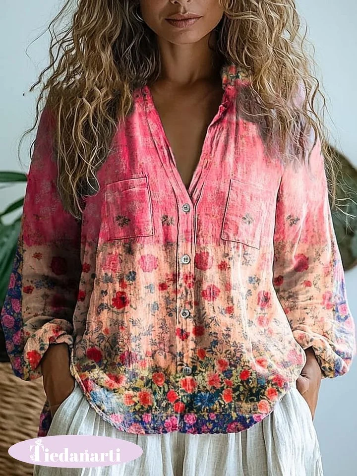 Women's Floral Art Print Casual Long Sleeve Comfortable Cotton Shirt