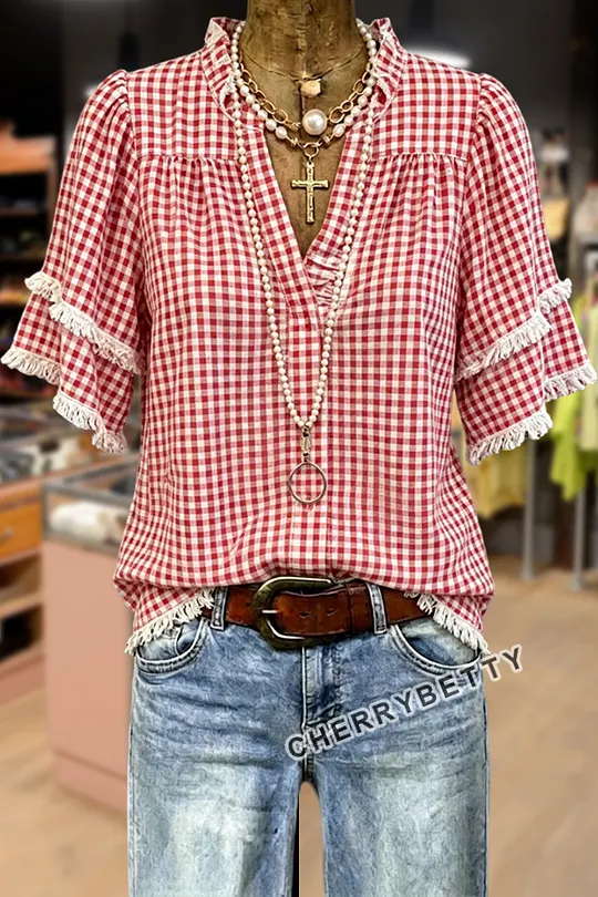 Retro American Floral Print Frayed Hem Top