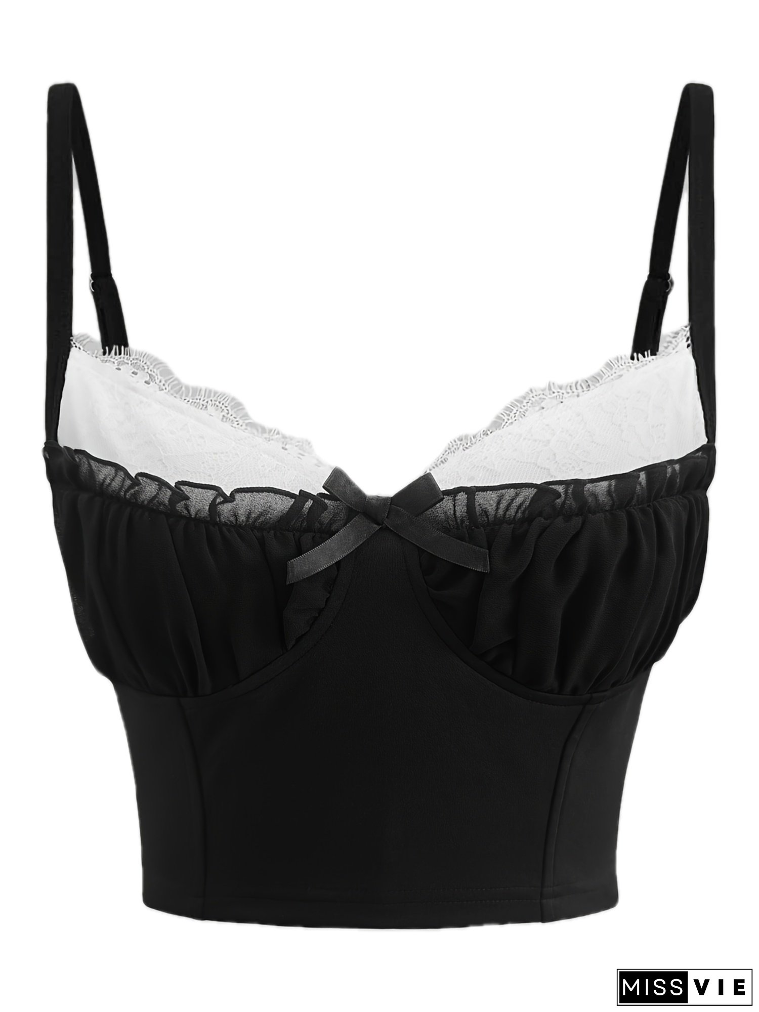 Women&lsquo;s Chic Black Lace-Trimmed Ruffled Lettuce Trim Bow Detail Cami Bralette - Sleeveless, Stretchy, Fashionable Versatile Tank Top for Summer, Bralette|Bow Detail|Sleeveless Top