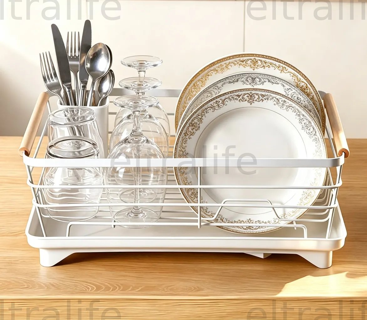 Metal Kitchen Counter Dish Drying Rack, Large Dish Drain Organizer with Pull‑Out Drain Tray, Wooden Handle & Utensil Holders for Plates Bowls Glasses Cutlery eltralife