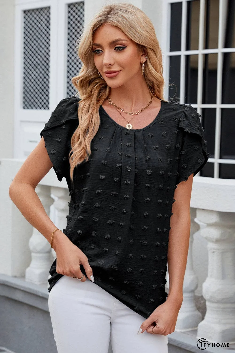 Swiss Dot Round Neck Petal Sleeve Blouse | IFYHOME