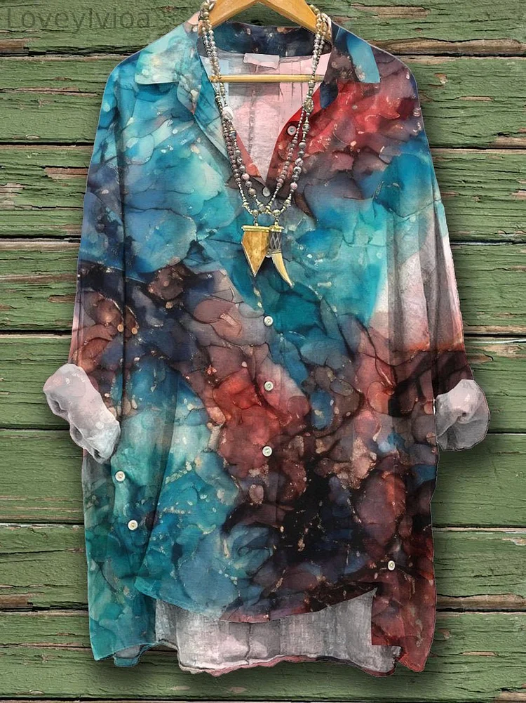 Women's Vintage Marble Print Casual Cotton And Linen Shirt