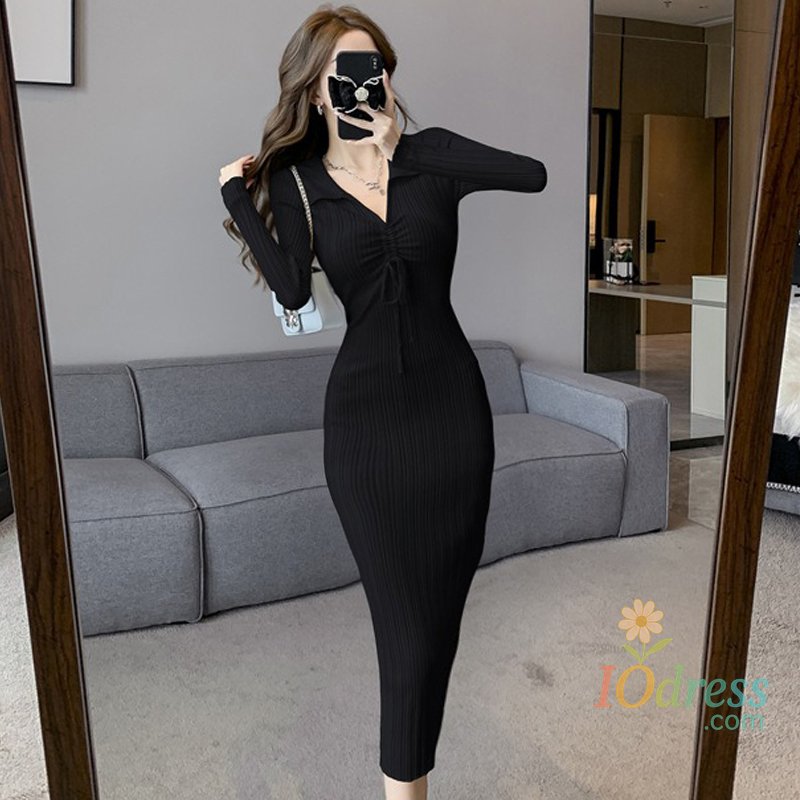 IO Dress YuooMuoo Chic Fashion Elegant Turn-down Collar Knitted Long Dress 2024 Autumn Winter Korean Fashion Ribbed Office Lady Bodycon