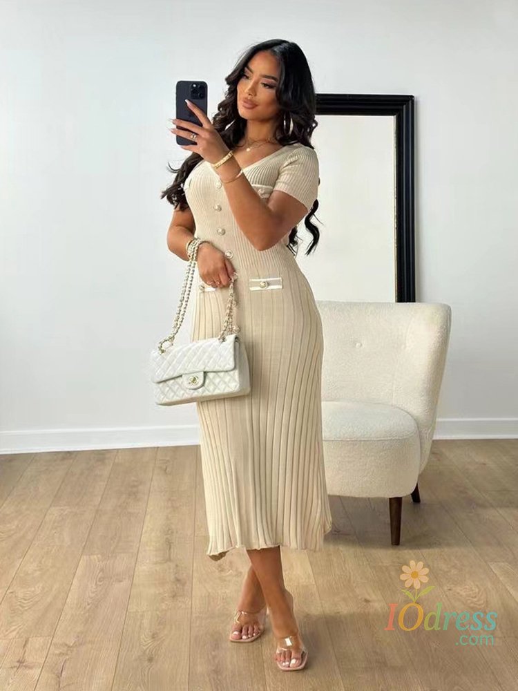IO Dress Office Lady Elegant Knitted Long Dress Summer Short Sleelve V Neck Single Breasted Bodycon Dresses Women Party Fashion Vestidos