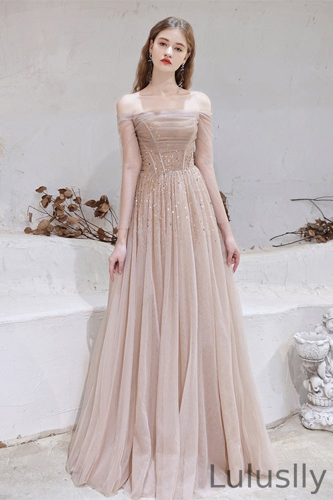 Luluslly Off-the-Shoulder Tulle Sheer Long Sleeves Prom Dress With Sequins