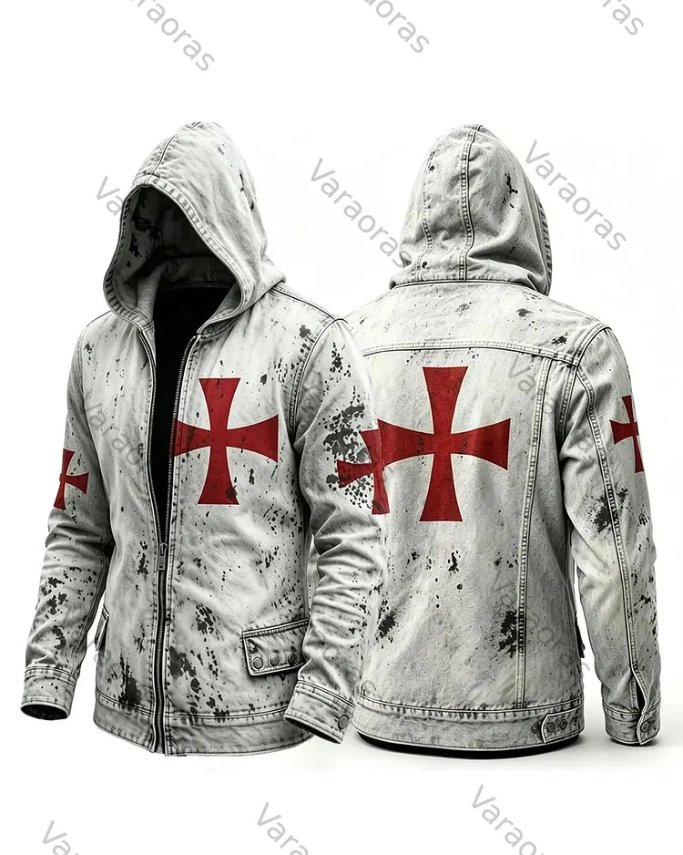 Men's Retro Fashion Red Cross Print Cotton Linen Hooded Zipper Jacket 9630