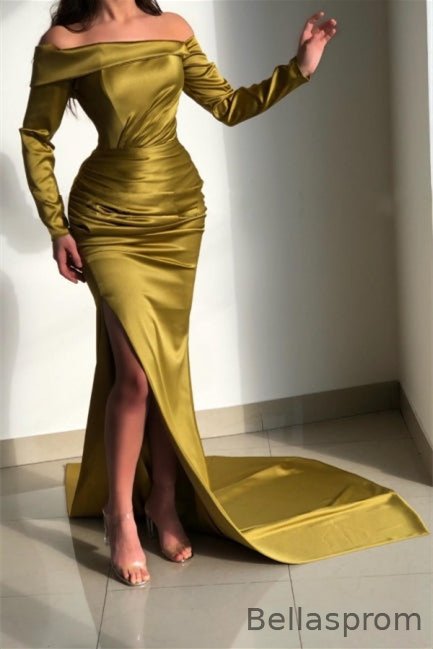 Bellasprom Off-the-Shoulder Mermaid Prom Dress Long Sleeves With Slit Bellasprom