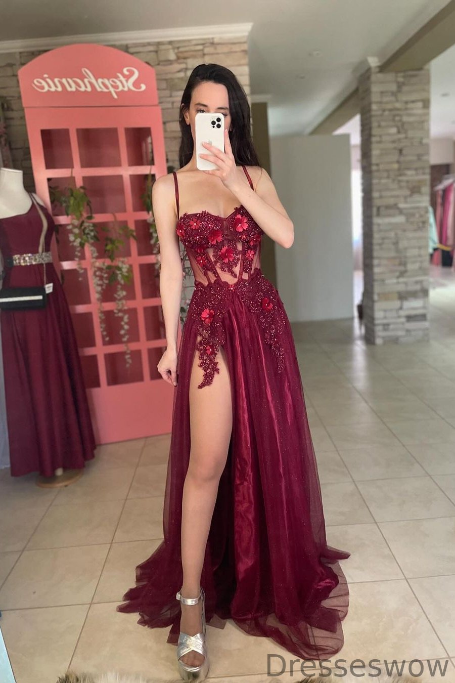 Dresseswow Spaghetti-Straps Sweetheart Sleeveless Mermaid Formal Dress With High Split Appliques