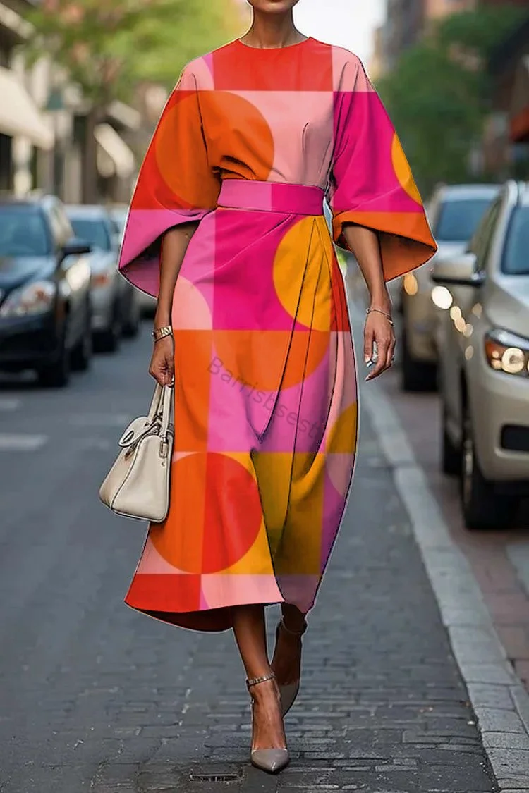 Women's Elegant Geometric Abstract Art Print Midi Dress