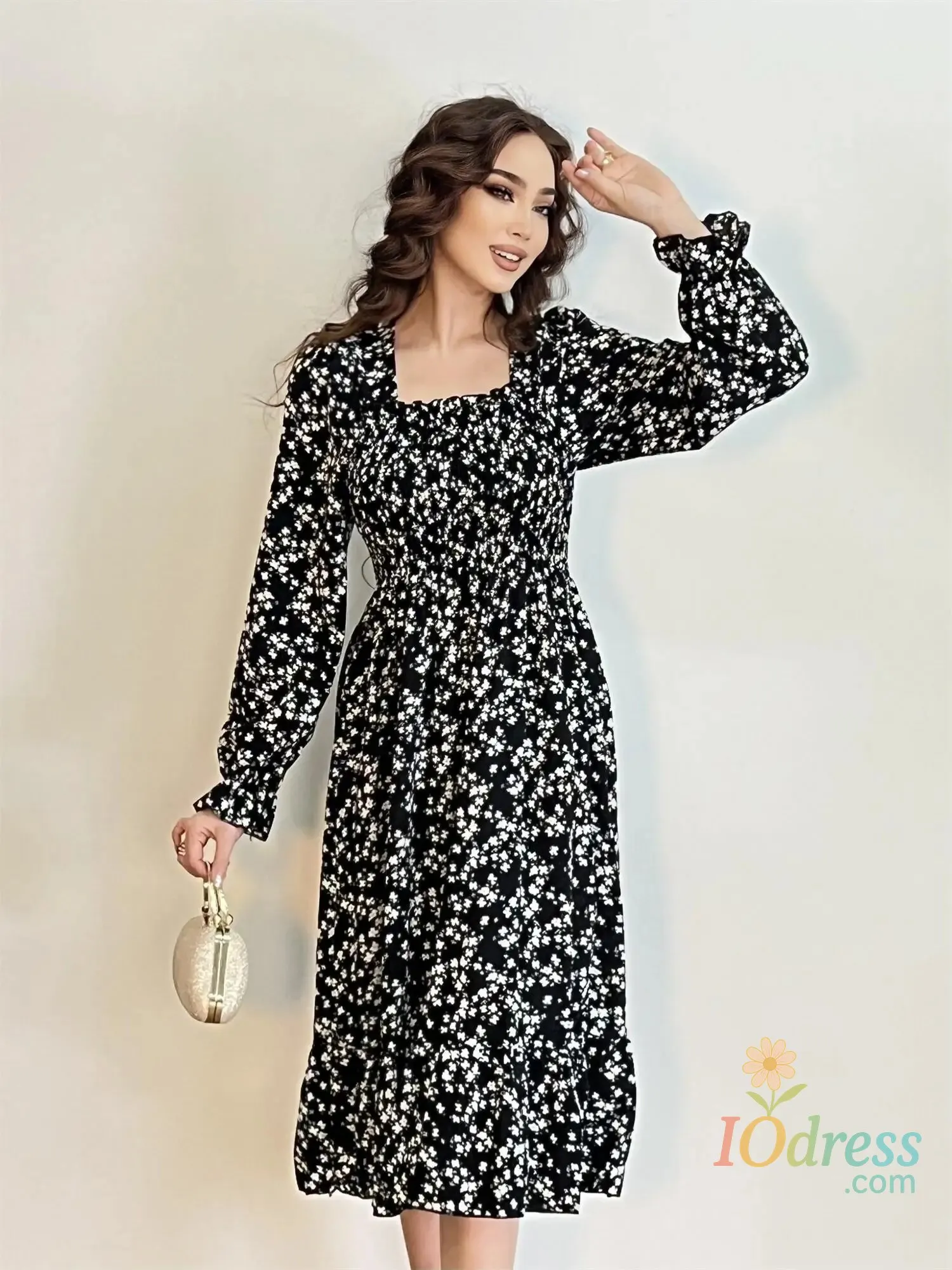 IO Dress Long Sleeve Casual Dress Women Chiffon Dresses Autumn Spring A-line Printed Floral Elastic Chest Lace Up Midi Dresses Vestidos IO Dress