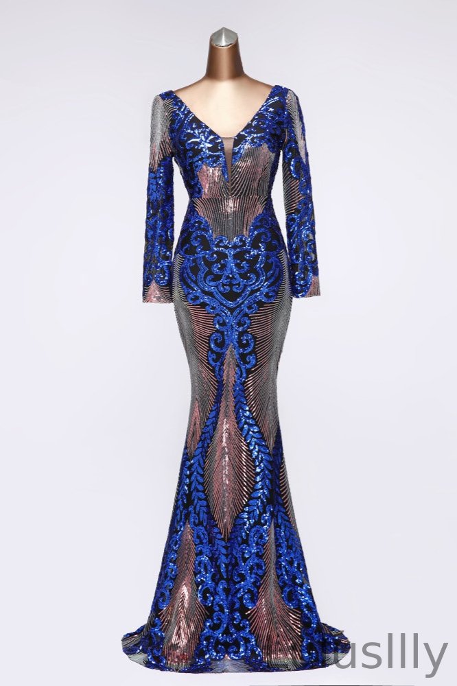 Designer Long Sleeve Sequins Evening Gowns Mermaid Prom Dress Online - lulusllly