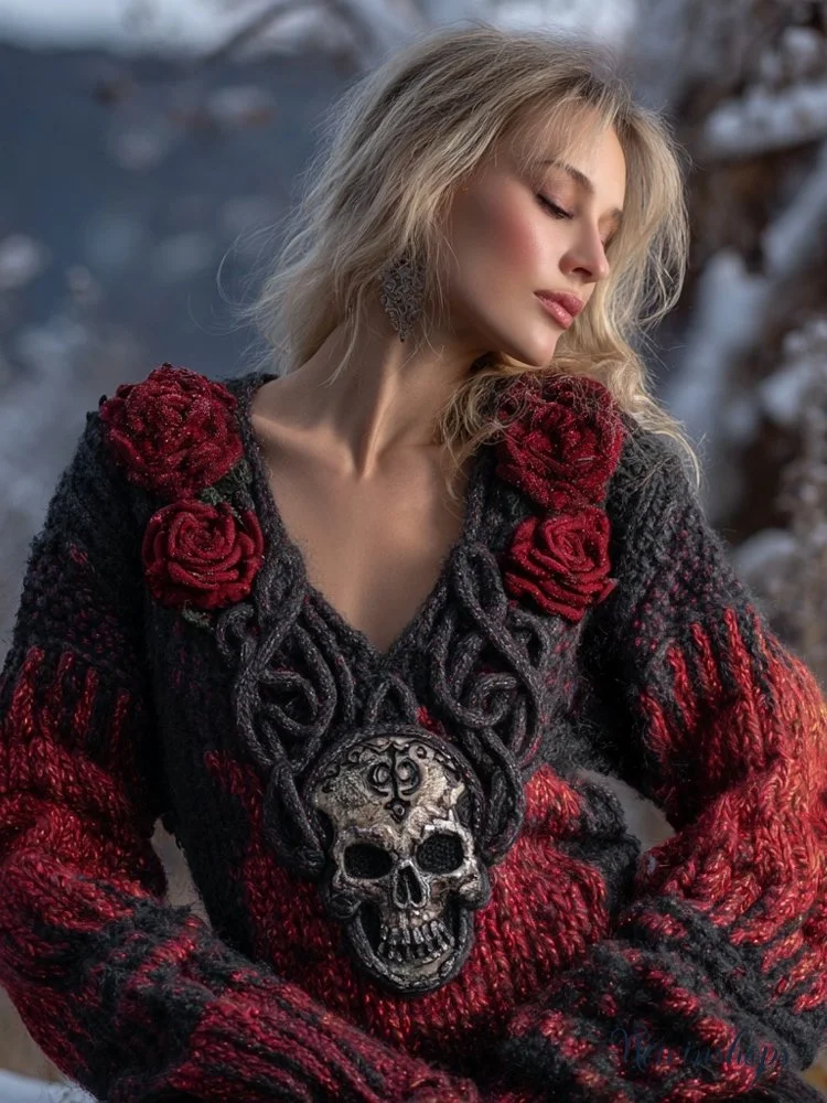 Vintage Red Roses Viking Celtic Skull V Neck Cozy Knit Sweater