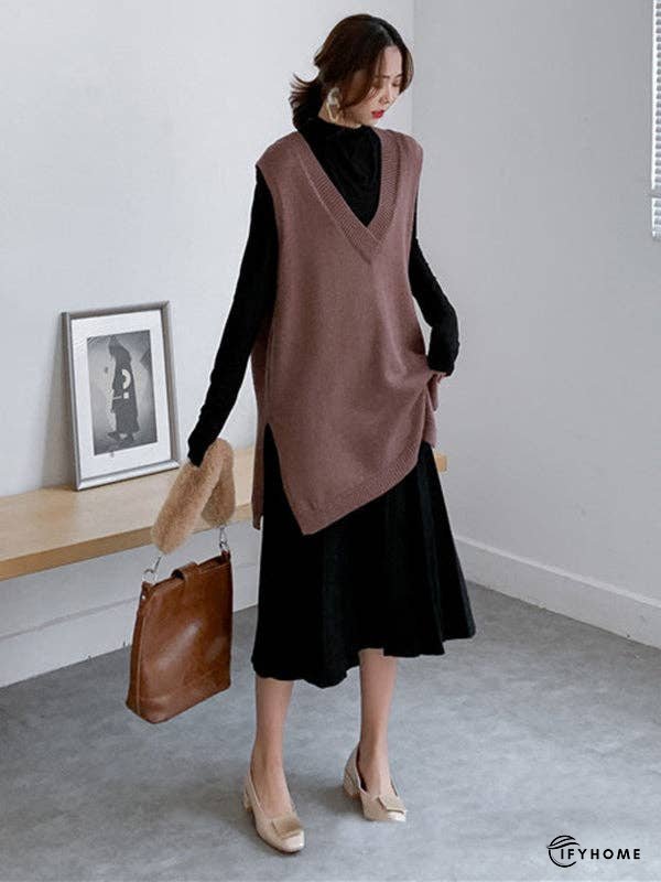 Trendy Sleeveless Split-Side Solid Color V-Neck Knitted Vest | IFYHOME