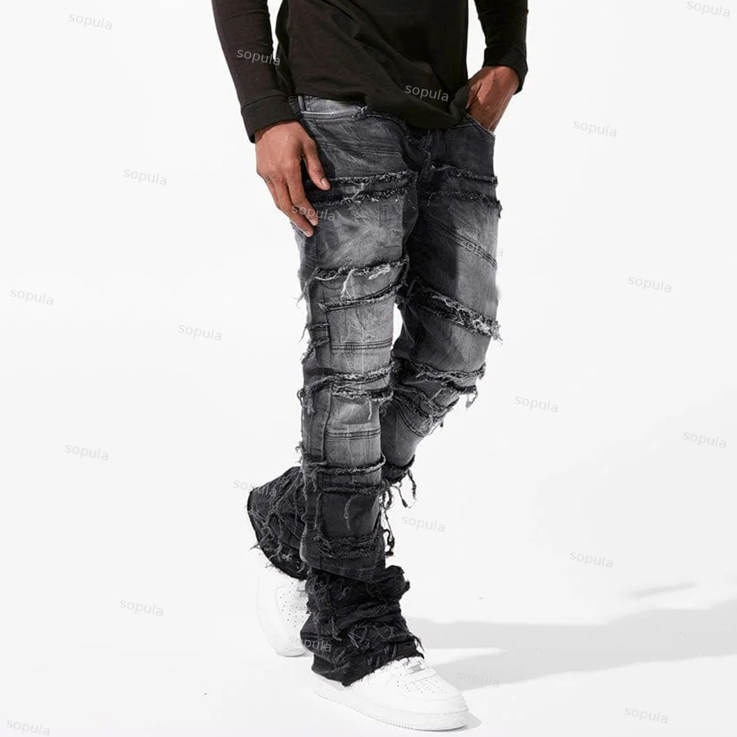 Men's Street Stretch Patch Denim Straight Pants