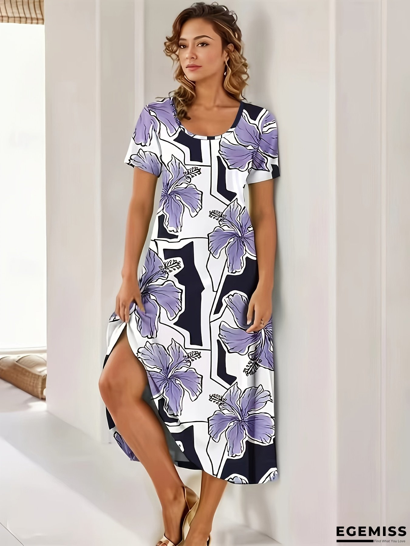 Summer Floral Print Loose Dress With Short Sleeves | EGEMISS
