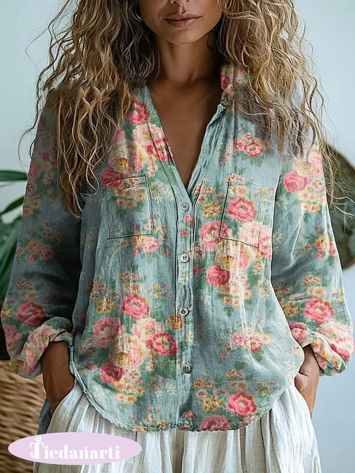 Women's Vintage Lovely Floral Art Print Casual Long Sleeve Comfortable Cotton Shirt