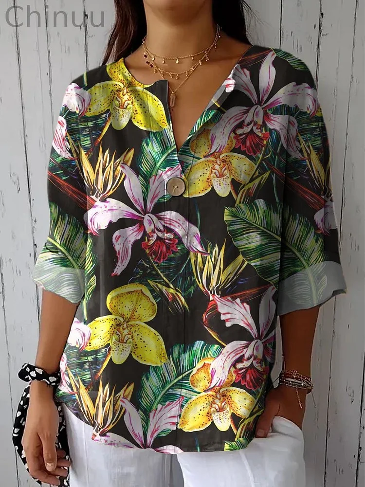 Women's Vintage Lovely Floral Art Print Casual Cotton Linen Shirt