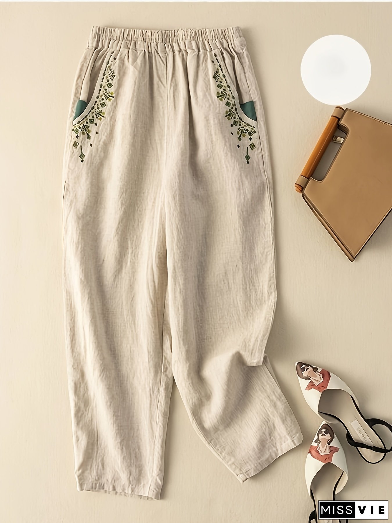 Vintage Embroidered Carrot Pants Womens Summer New Straight-Leg Wide-Leg Loose Solid