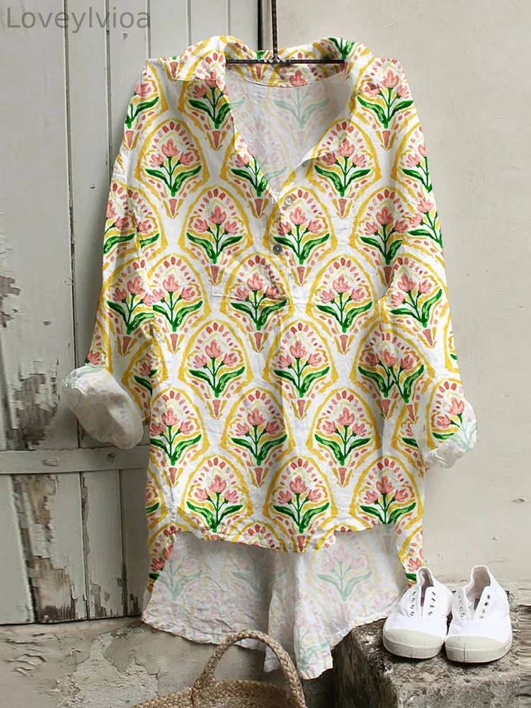 Women's Retro Flower Art  Print Casual  Shirt