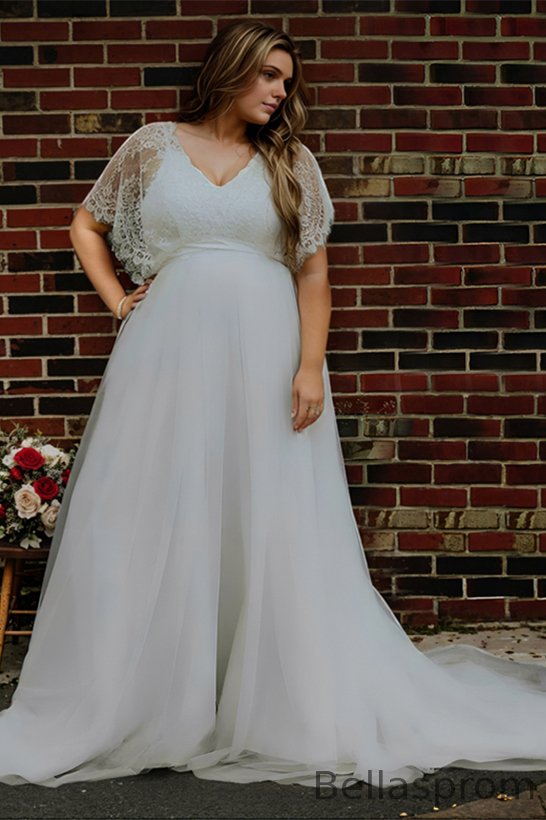 Bellasprom Lace Ruffle Sleeves Plus Size Beach Wedding Dress Tulle Long Online Bellasprom