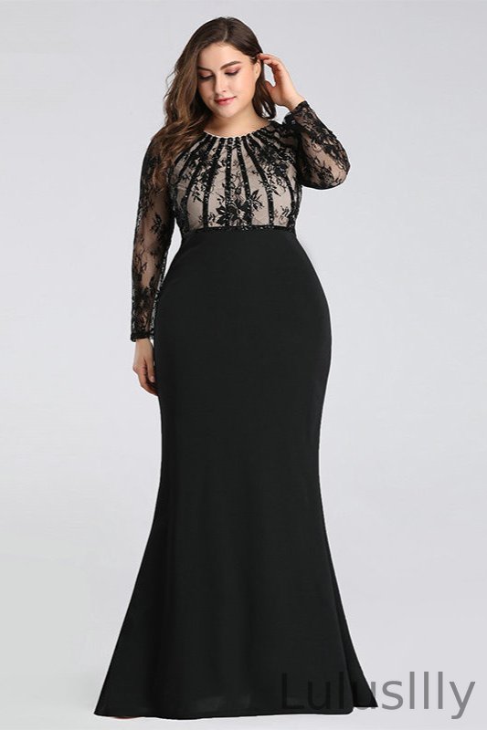Chic Black Lace Long Sleeve Evening Gowns Mermaid Plus Size Prom Dress Online - lulusllly