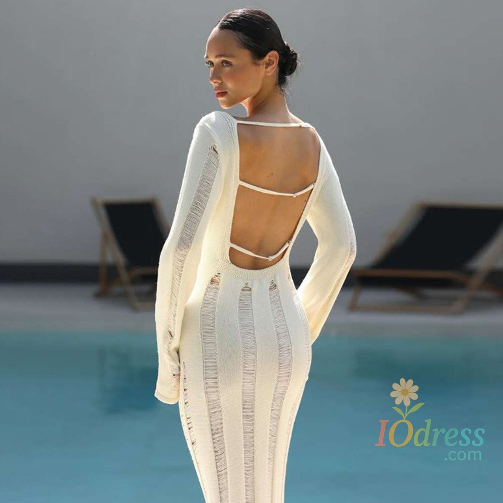 IO Dress Blifanbo Sexy Hollow Out Backless Knitt Maxi Dress Women Long Sleeve Autumn Patchwork O Neck Fashion High Waist Club Party Dress