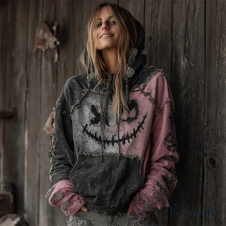 Halloween Spooky Face Graffiti Gradient Stitched Hoodie