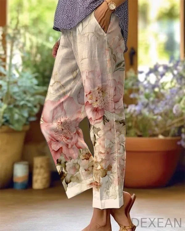 Retro Chic Floral Print Pocket Casual Pants