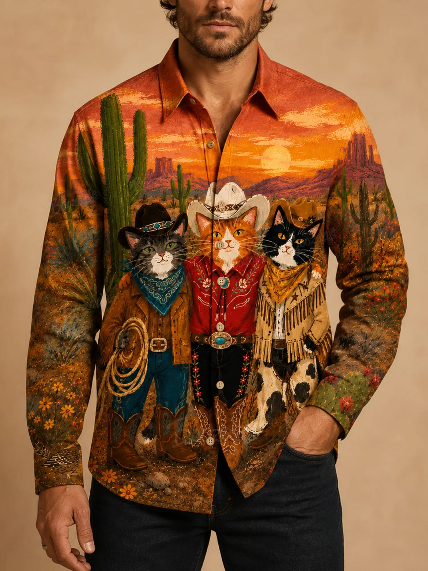 Perfect for a weekend farm stroll &mdash; Sunset Orange Denim Three Cats Pattern Soft and Skin-Friendly 100% Cotton Men's Shirt