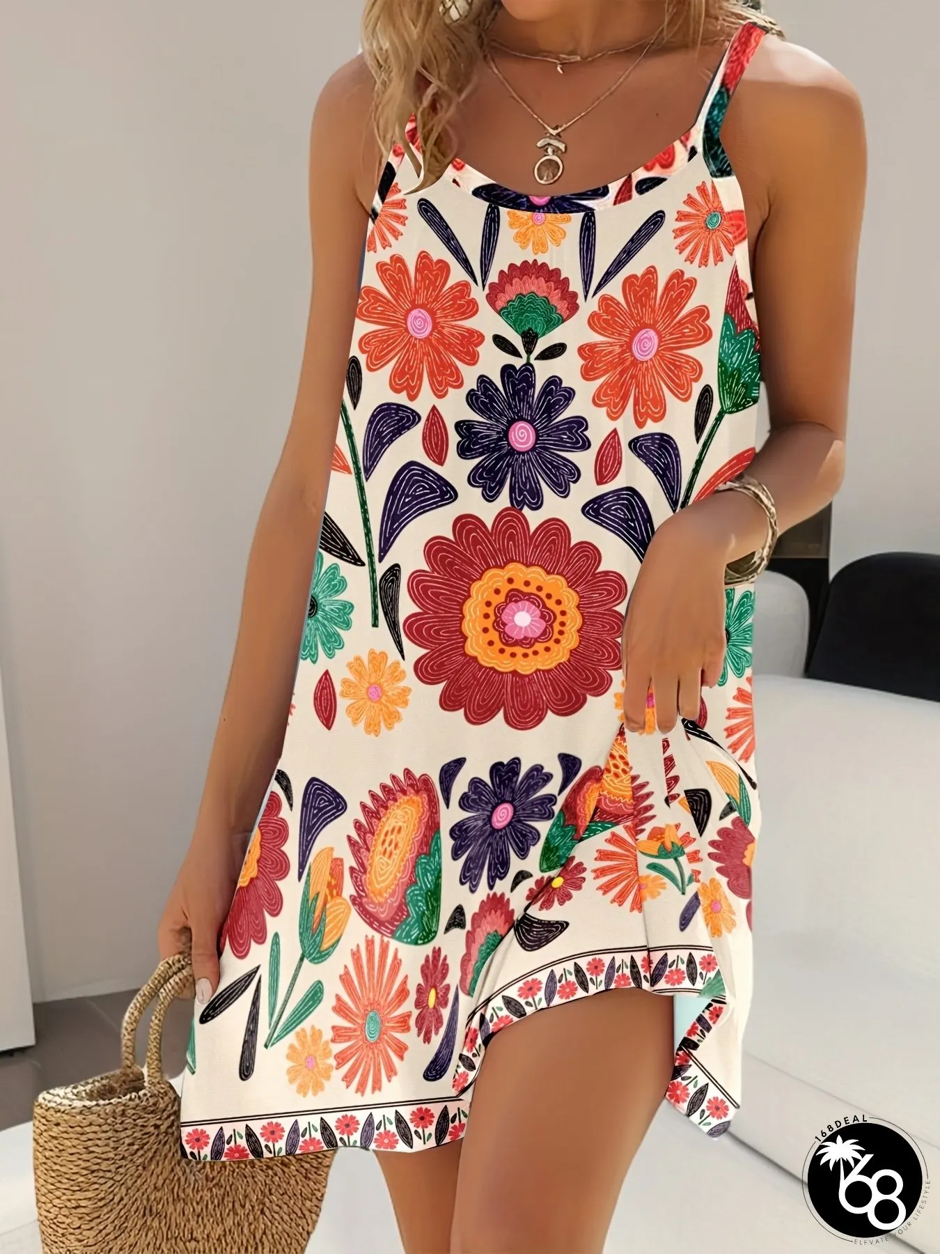 Vibrant Floral Print Sleeveless A-Line Dress for Women-Colorful Flower Design with Black | 168DEAL