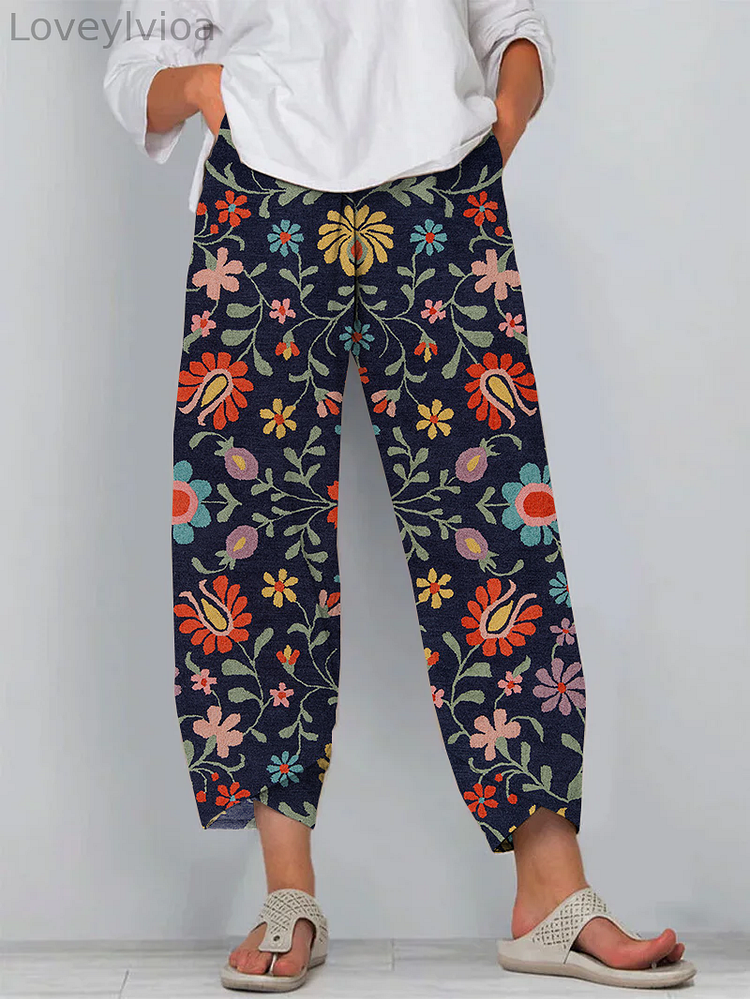Retro Ethnic Floral Art Cropped Casual Pants