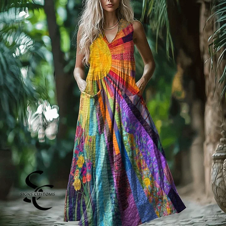 Elegant Retro Sun Color Print Sleeveless Maxi Dress